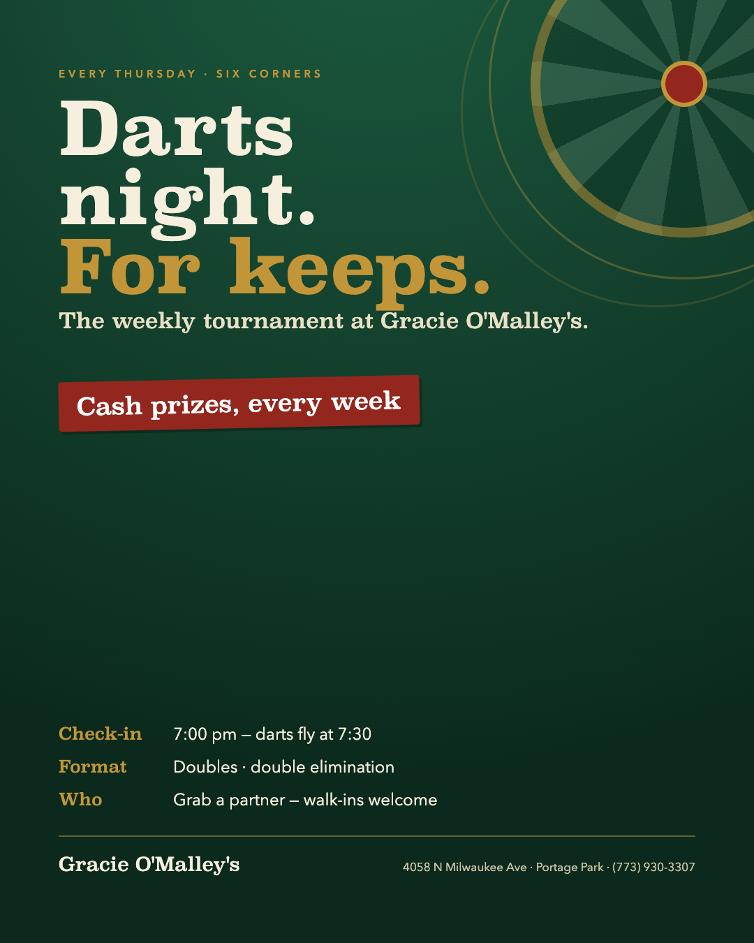 Thursday Darts poster — Gracie O'Malley's Portage Park