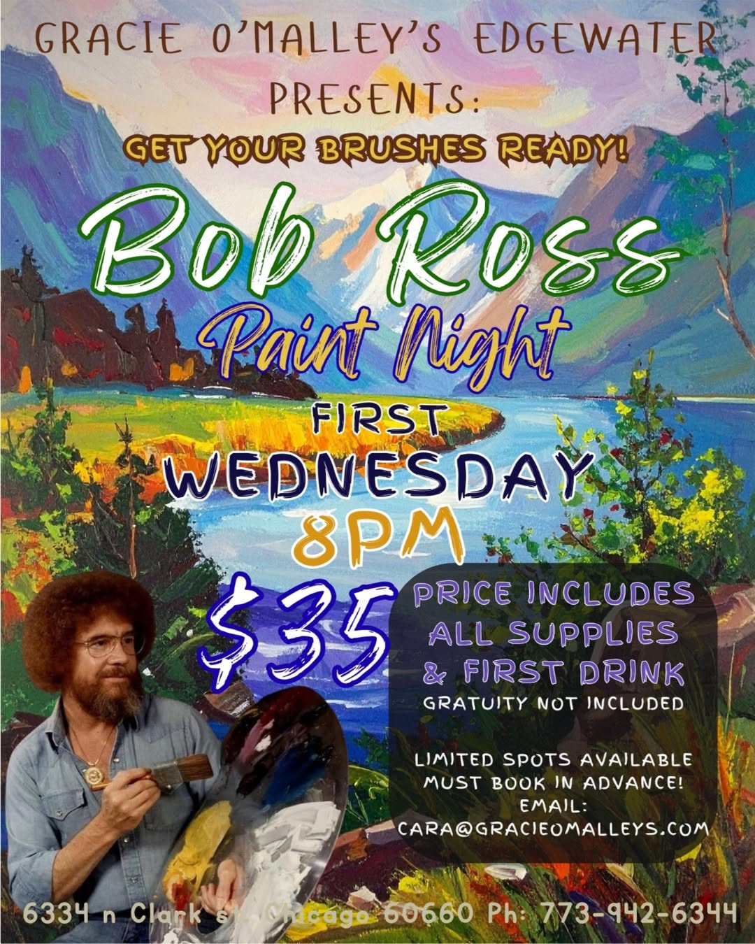 Bob Ross Paint Night flyer: first Wednesday 8pm, $35 includes all supplies and first drink