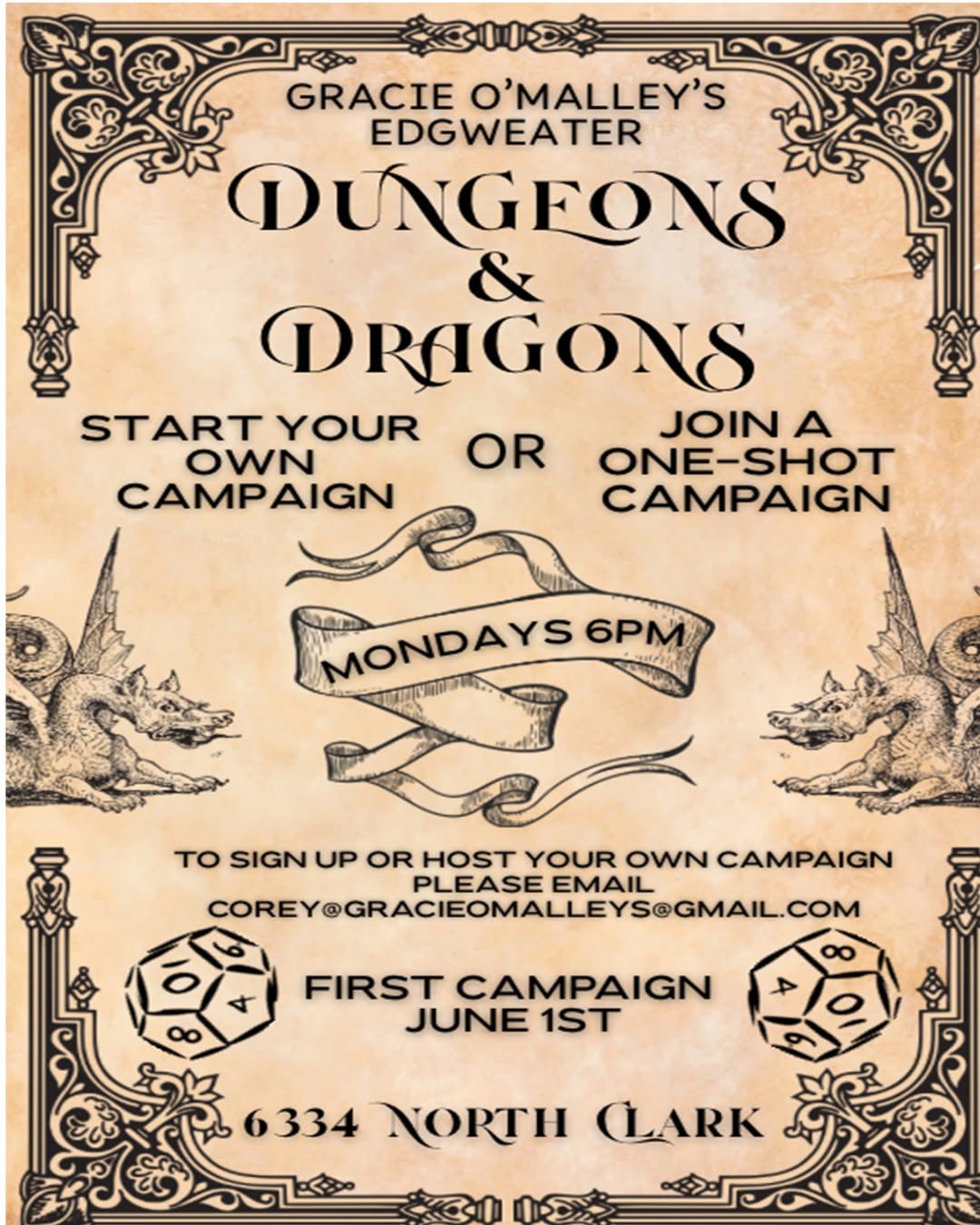 Parchment-style Dungeons and Dragons flyer: Mondays 6pm, start your own campaign or join a one-shot