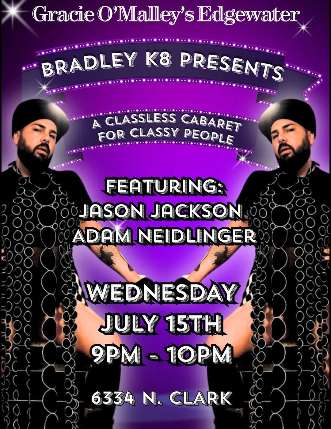 Purple cabaret flyer: Bradley K8 presents A Classless Cabaret for Classy People, Wednesday July 15, 9 to 10pm
