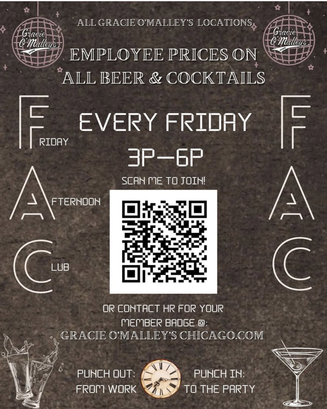 Friday Afternoon Club — employee pricing 3 to 6pm