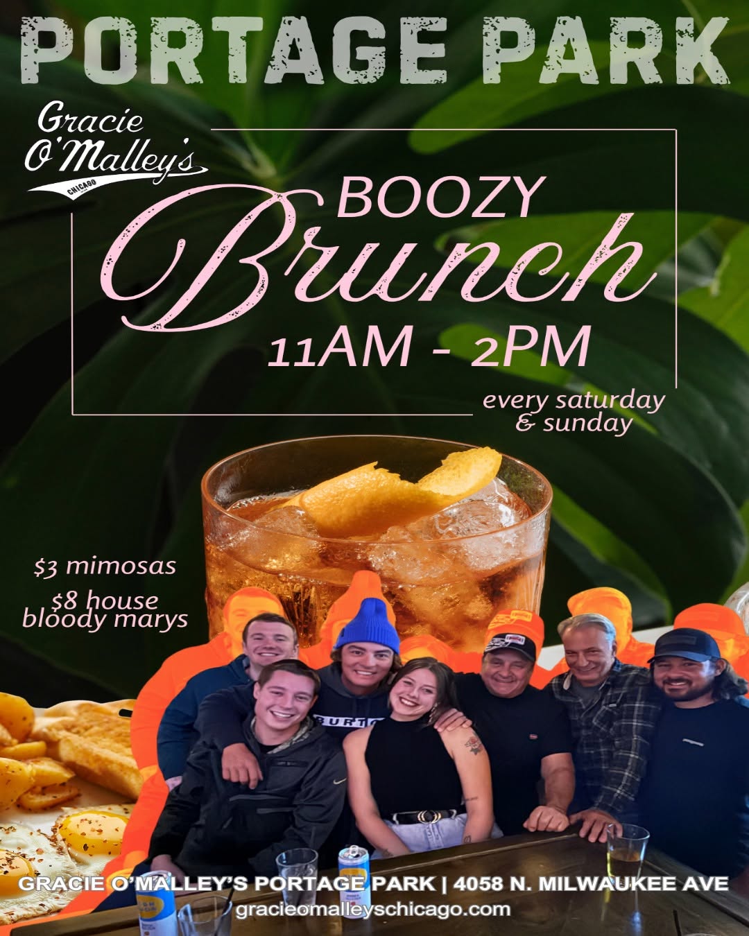 Weekend boozy brunch flyer — 11am to 2pm every Saturday and Sunday