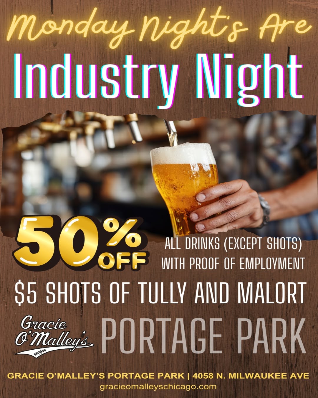 Industry Monday specials at Gracie O'Malley's Portage Park