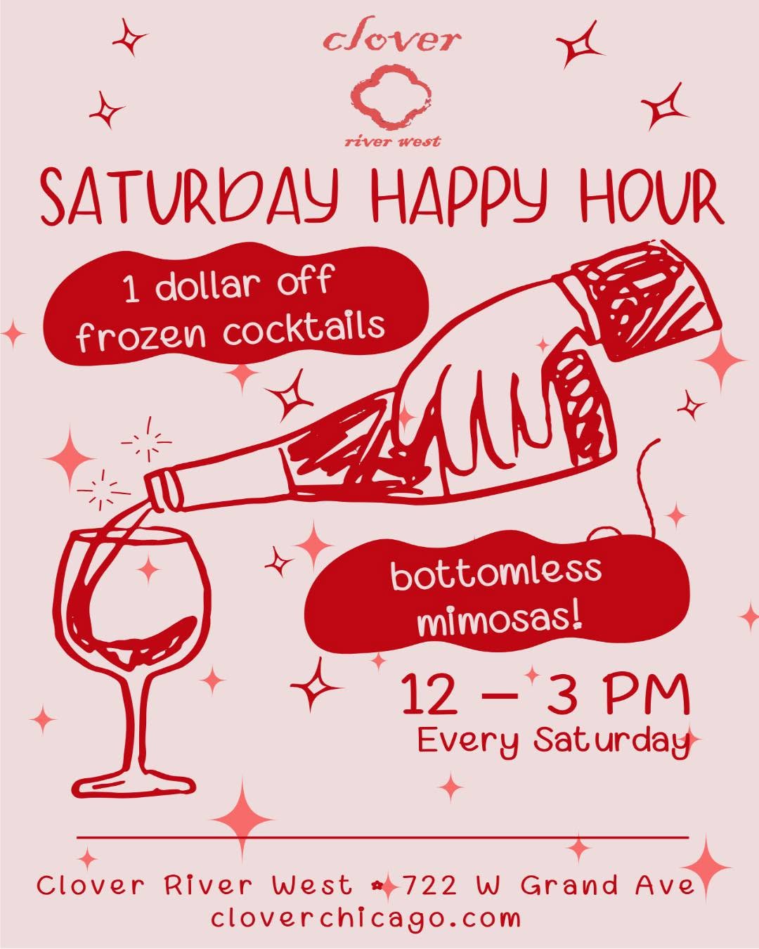Saturday Happy Hour poster — one dollar off frozen cocktails and bottomless mimosas, 12 to 3