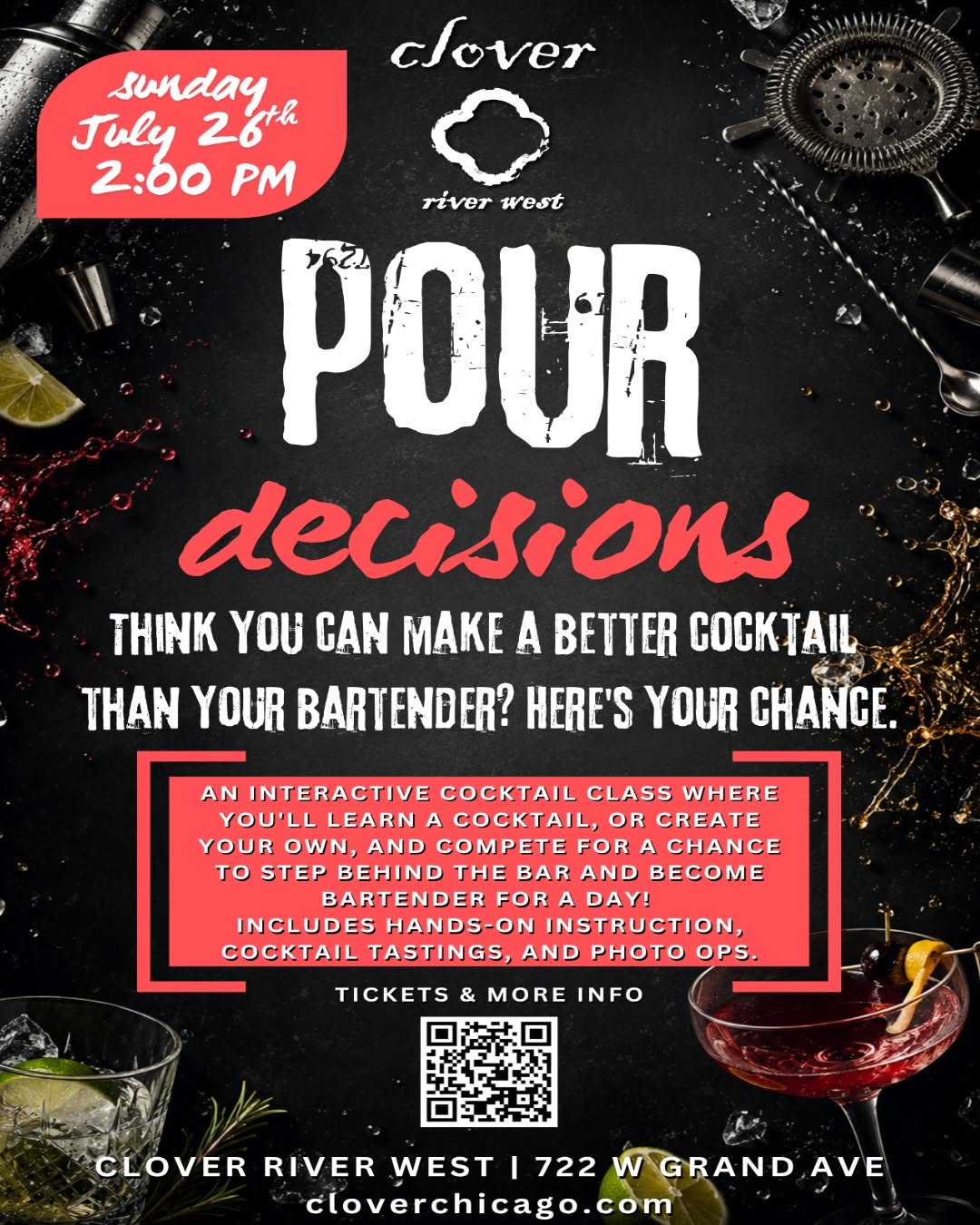 Pour Decisions cocktail workshop poster — Sunday July 26