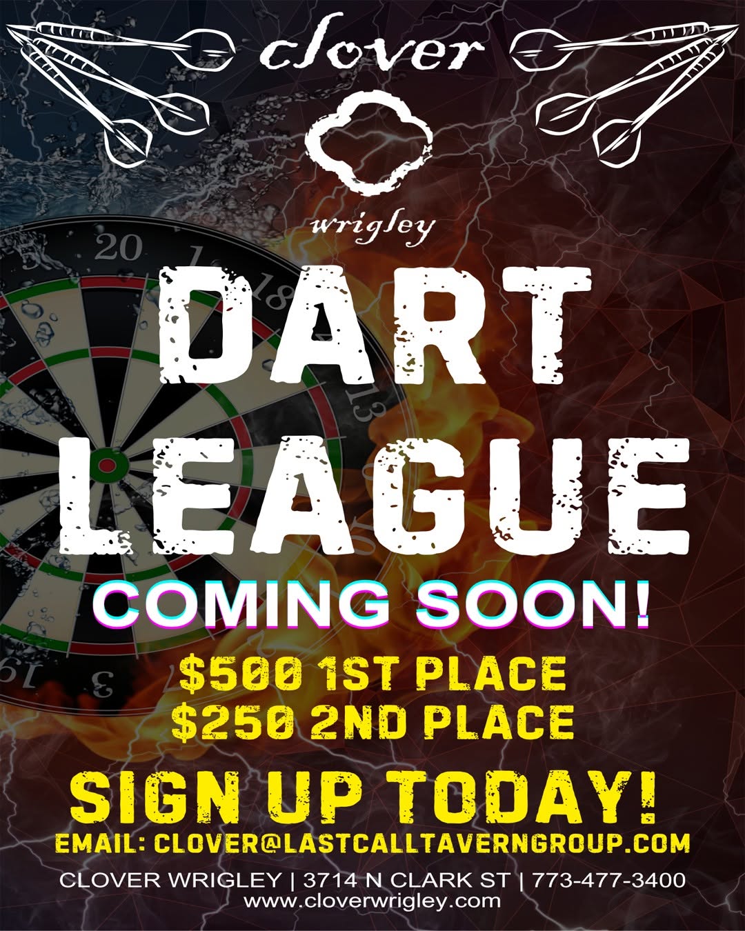 Clover Wrigley dart league announcement — 500 dollars to first place
