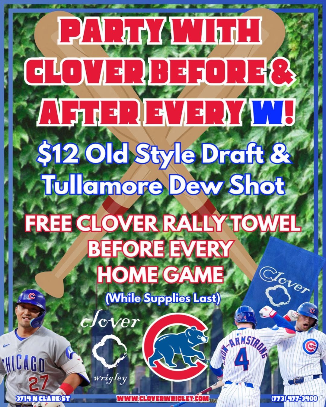 Clover Wrigley Cubs season special — Old Style draft and Tullamore D.E.W. shot, with the free Rally Towel offer