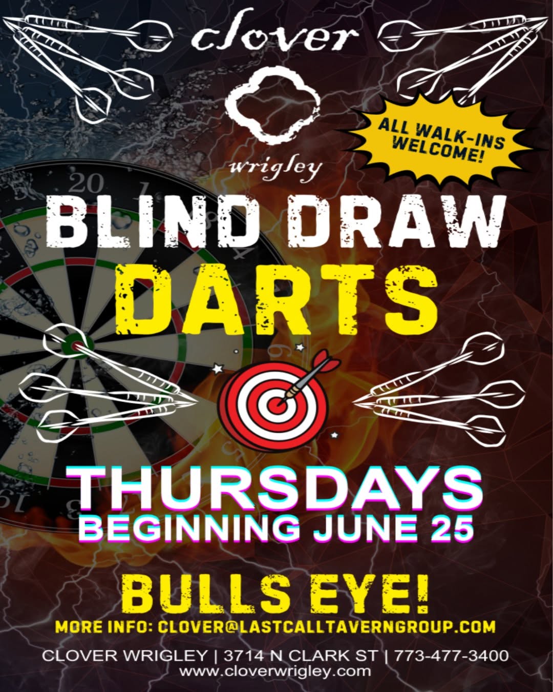 Blind Draw Darts at Clover Wrigley — random pairings all night